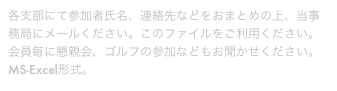 各支部にて参加者氏名、連絡先などをおまとめの上、当事務局にメールください。このファイルをご利用ください。会員毎に懇親会、ゴルフの参加などもお聞かせください。MS-Excel形式。